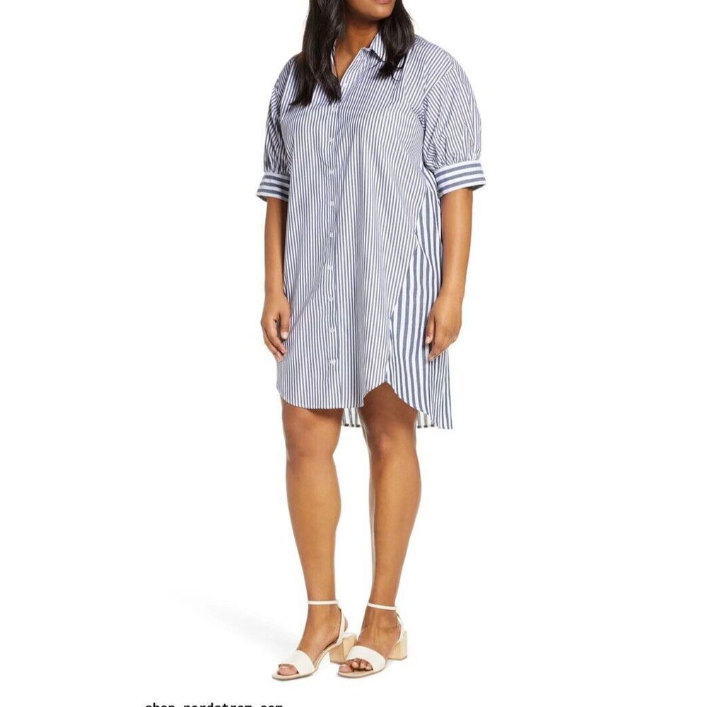 NEW Eloquii Contrast Stripe Shirt Dress Short Sleeve Blue White Size 14 NWT